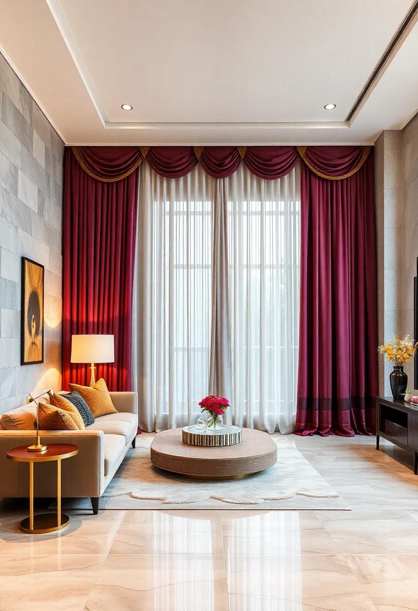 Curtains Inspired by Royal Palaces Incorporating Rich Colors and Heavy Embellishments for Dramatic Visual Impact