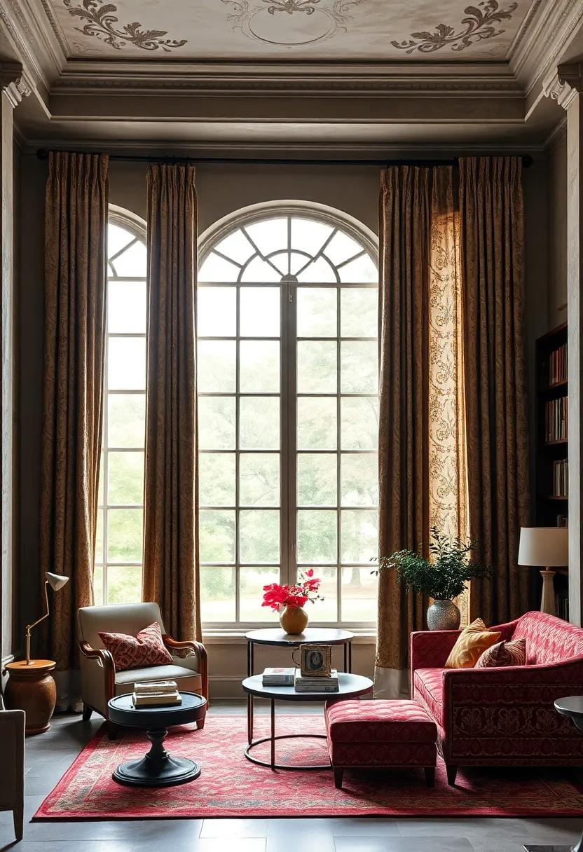 Embrace Classic Charm with Intricately Patterned Brocade Curtains Framing Large Vintage Windows in a Cozy Library