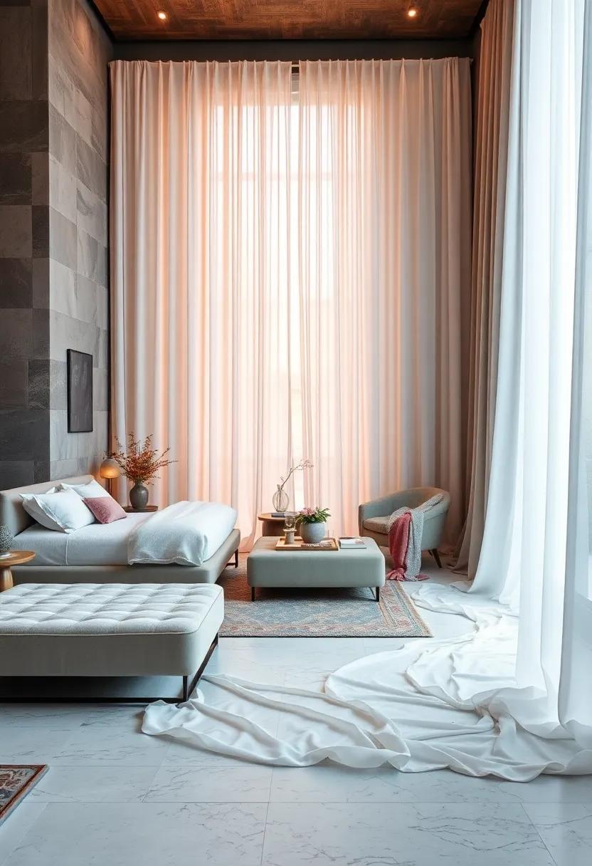 Ethereal White Silk Curtains Pooling Gently on the Floor Creating a Romantic Glow in a Master Suite