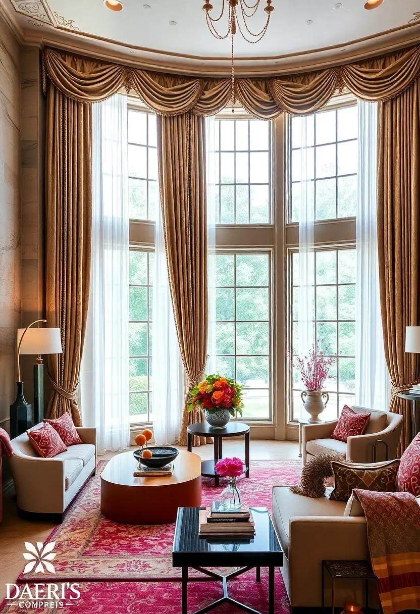 Grand Windows Adorned with Heavy Jacquard Drapes and Decorative Cornices Evoking Old-World Glamour
