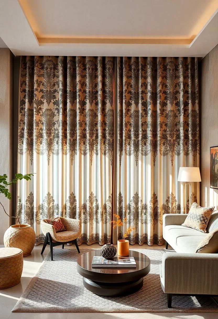 Intricate Moroccan-Inspired Patterns on Silk Curtains Bringing Exotic Luxury to a Contemporary Bohemian Space