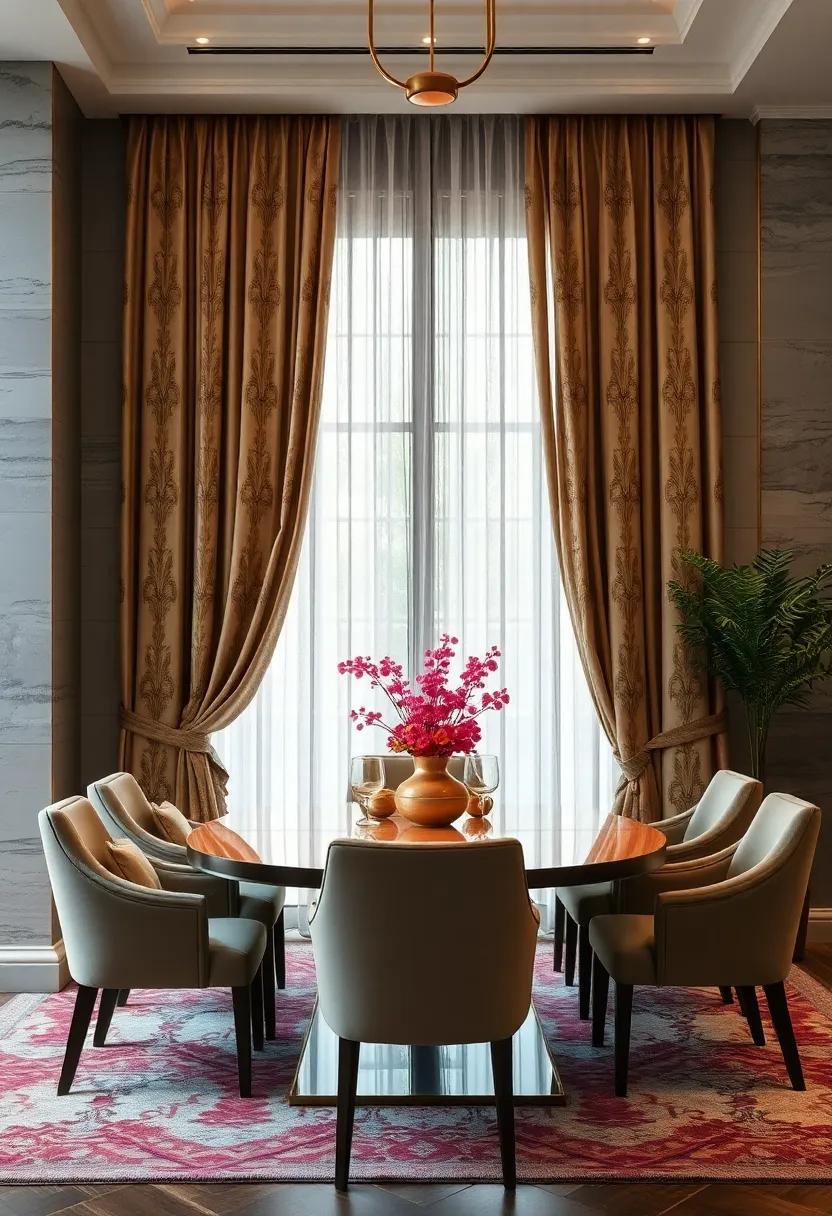Lavish Embroidered Curtains in Heavy Fabrics Creating a Statement Backdrop for a Formal Dining Room Experience