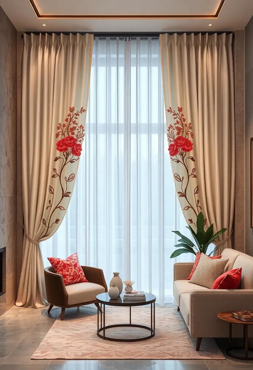 Lavish Curtains with Hand-Crafted Embroidery Depicting Floral Motifs Bringing Artistic Flair to a Sitting Nook