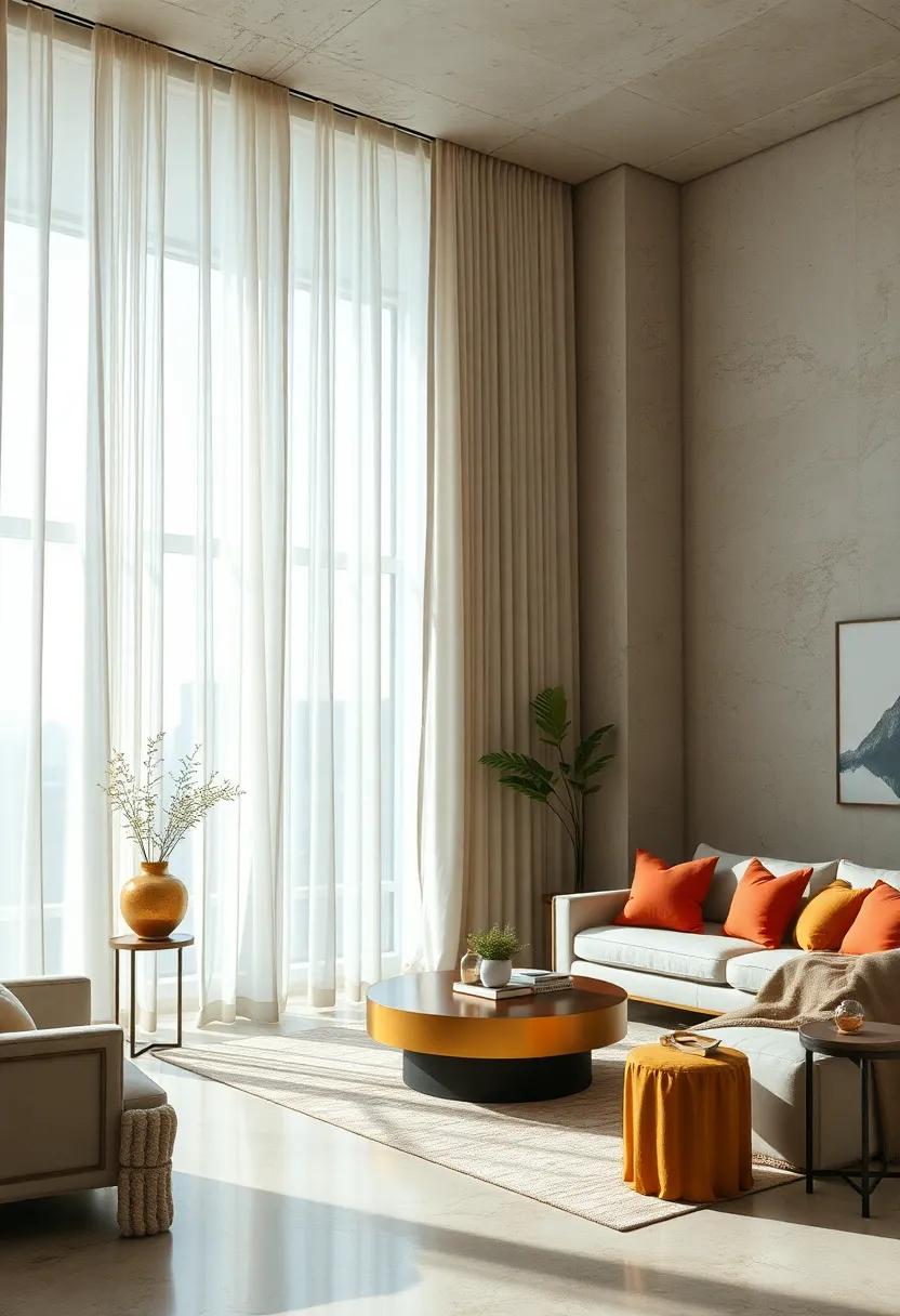 Light-Drenched Rooms Enhanced by Delicate Sheer Voile Panels Swirling with a Whisper of Breeze Through Tall Windows