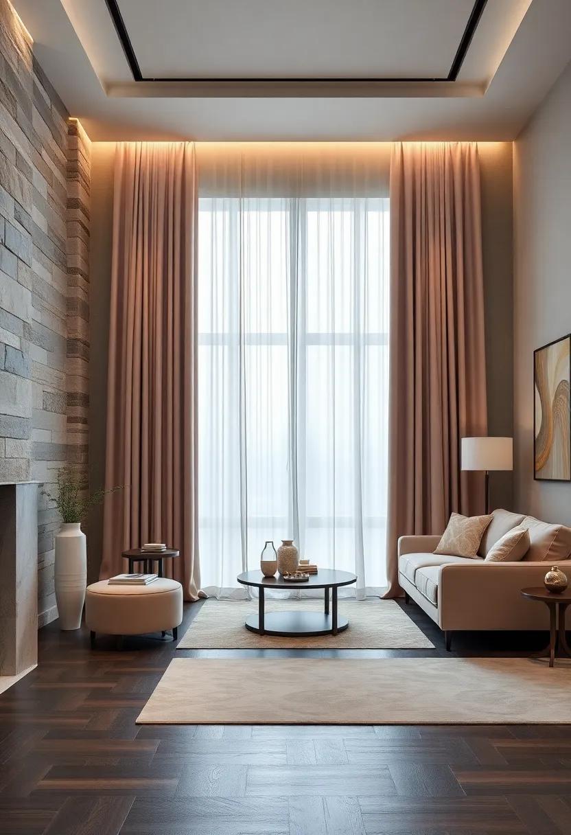 Muted Pastel Taffeta Curtains with Subtle Shimmer Set Against Dark Hardwood Floors for a Balanced Opulence