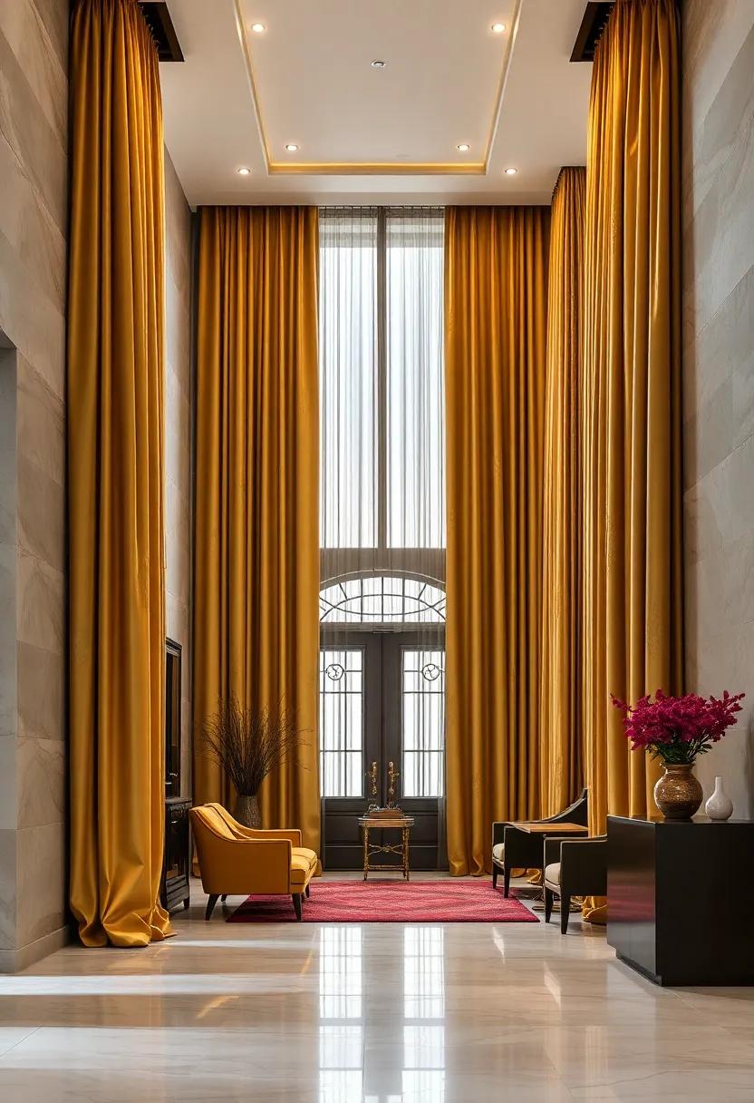 Opulent Gold Silk Curtains Featuring Classic Pleats and Subtle Baroque Patterns in a Formal Entrance Hall