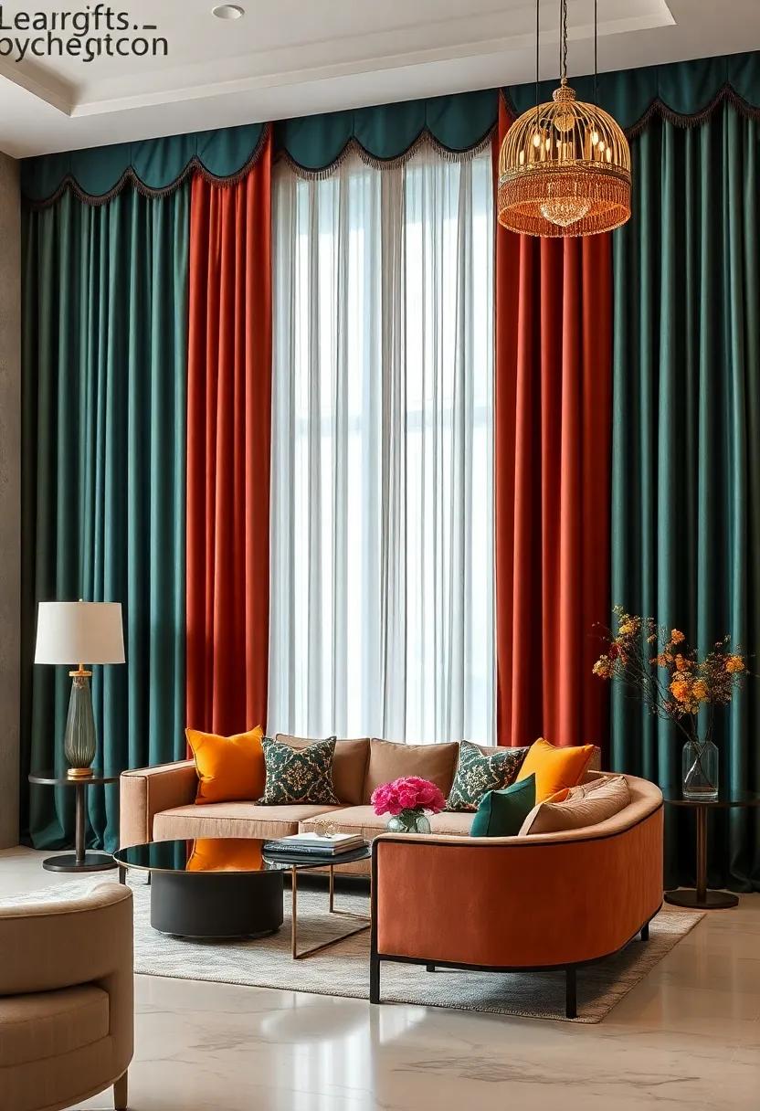 Rich Jewel-Toned Draperies Featuring Ornate Tassels and Fringe Adding Drama and Depth to a Modern Lounge Space