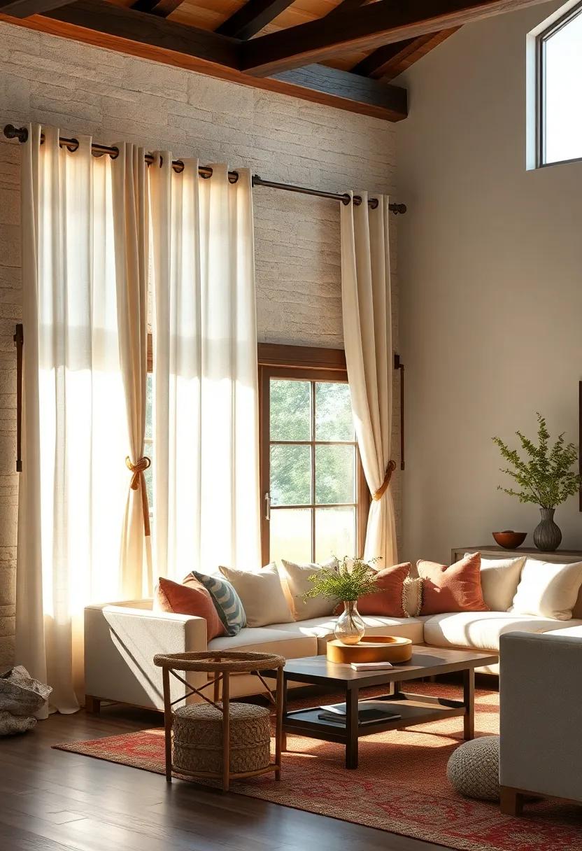 Rustic Elegance Revealed by Linen Curtains with Leather Tiebacks in a Sunlit Rural Living Space