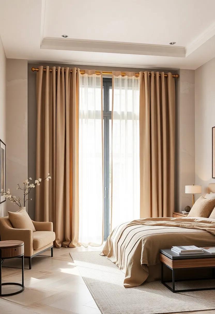 Soft Neutral Tones in Linen Curtains Paired with Brass Curtain Rods for a Subtle Luxurious Bedroom Makeover