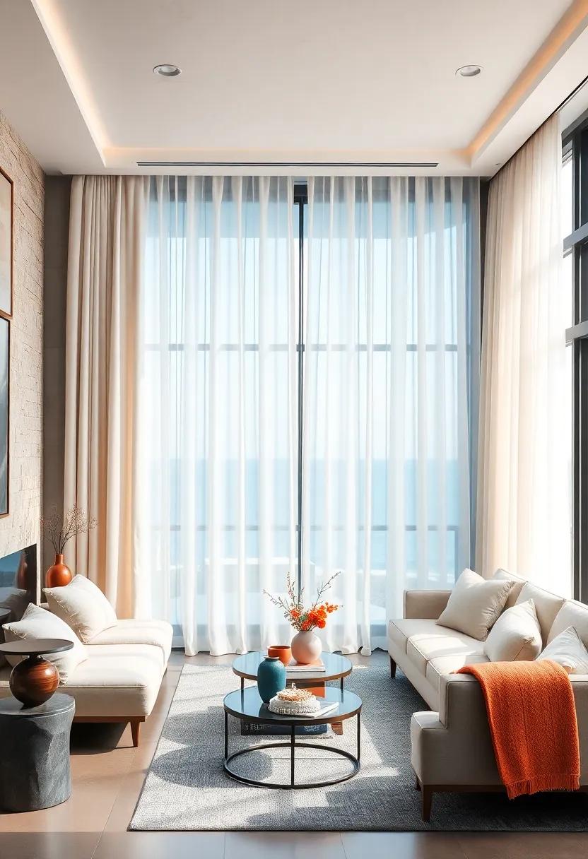 Soft Gradient Ombre Drapes Transitioning from Cream to Deep Blue in a Coastal-Inspired Relaxation Room