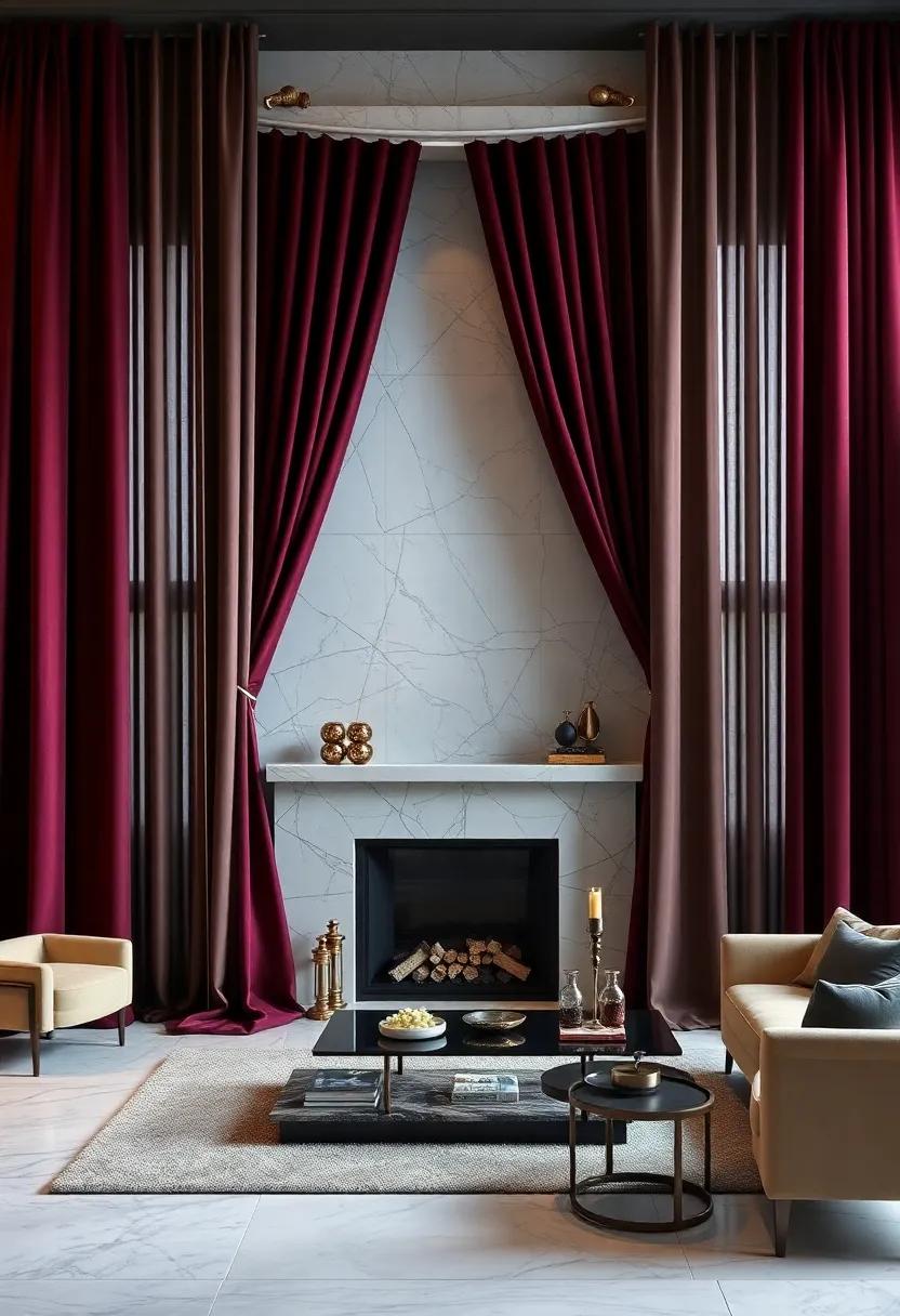 Sumptuous Velvet Draperies in Deep Burgundy Velvet Framing a Marble Fireplace for Regal Sophistication