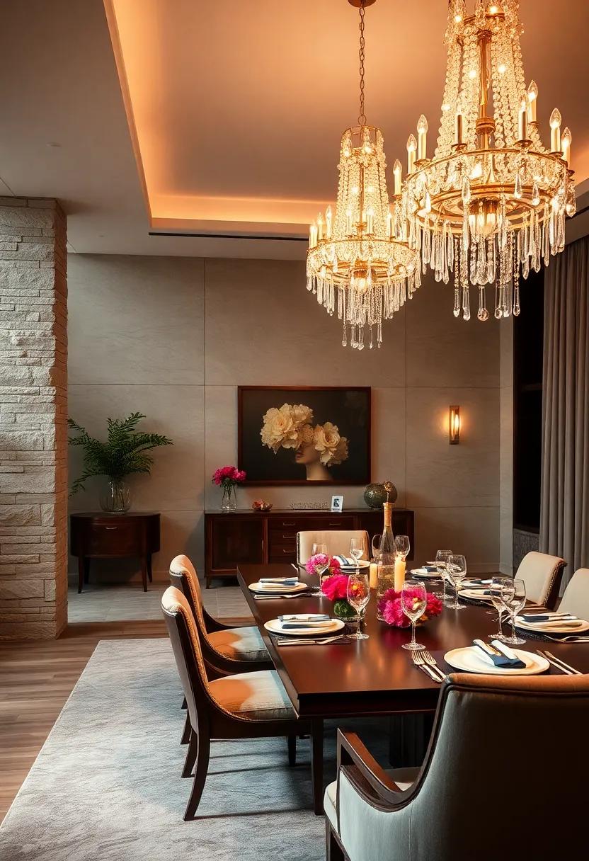 Elegant Crystal Chandeliers Casting Warm Light Over a Rich Mahogany Dining Table Set for an Intimate Gathering
