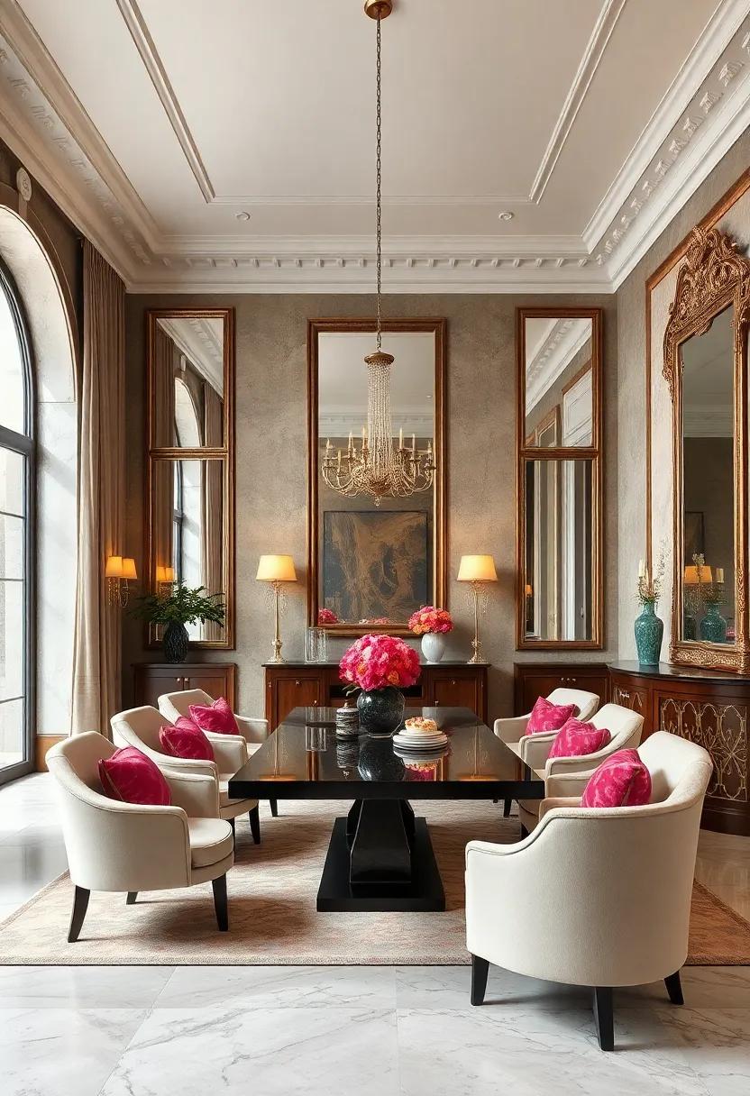 Monochrome Color Palette Highlighted by Bold Artwork and Unique Sculptural Elements in a Chic Dining Setting