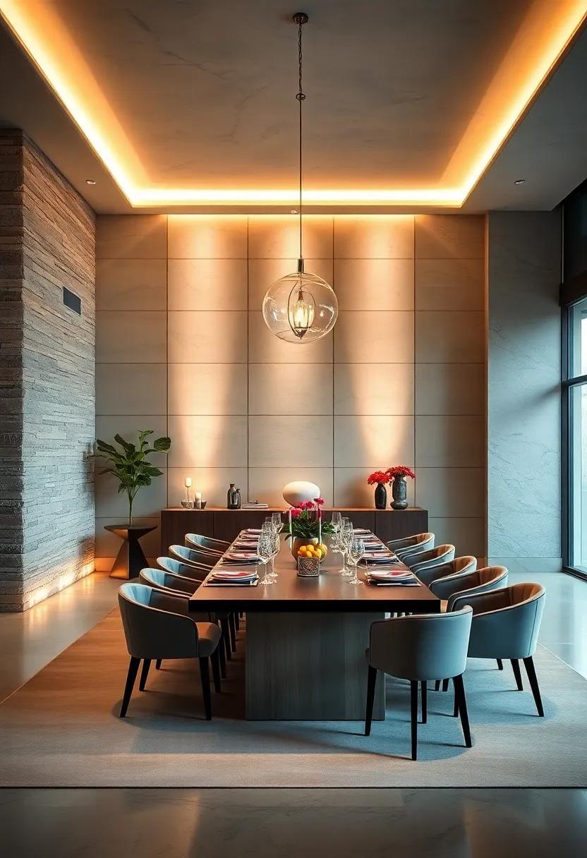 A Statement Wall with Textured Panels and Soft Ambient Lighting Framing a Long Custom Dining Table Event Space