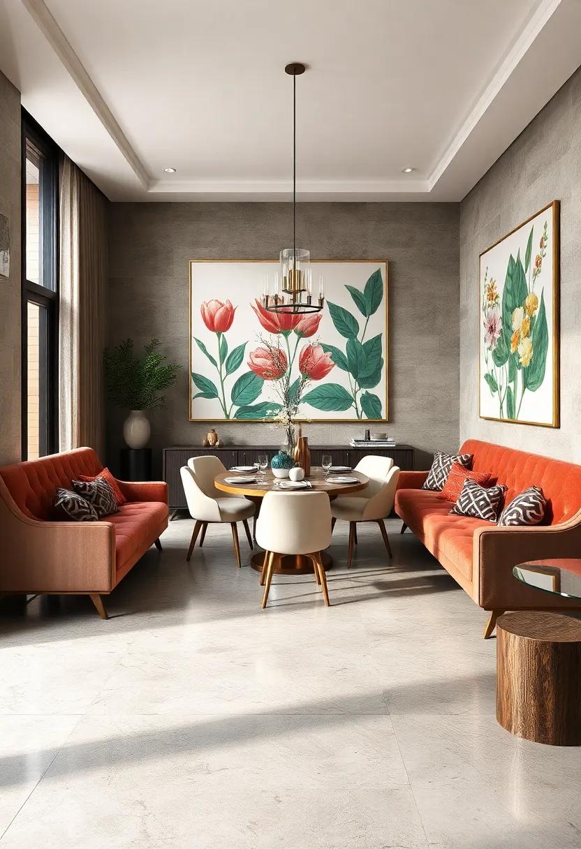 Polished Concrete Floors Paired with Velvet Upholstered Seating and Oversized Botanical Prints for Urban Elegance