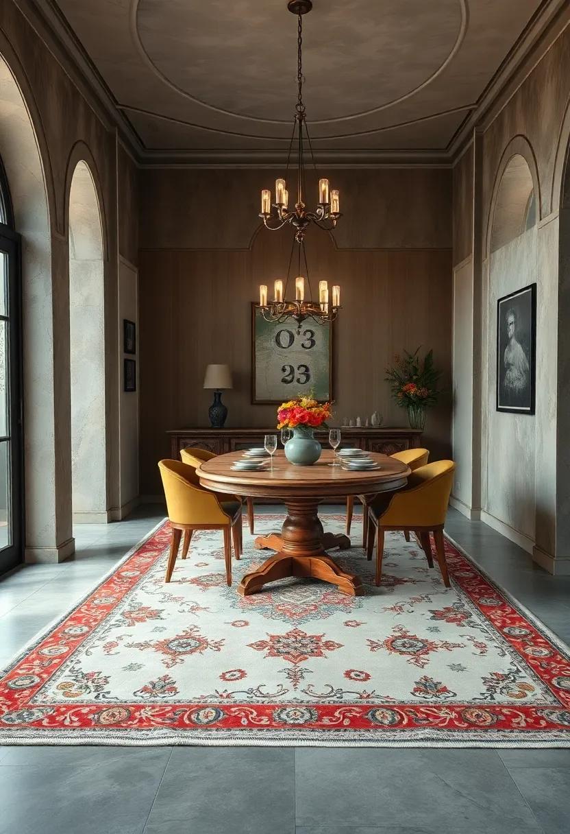 Intricate Persian Rugs Adding a Layer of Sophistication Beneath an Antique Oval Dining Table in a Vintage Setting