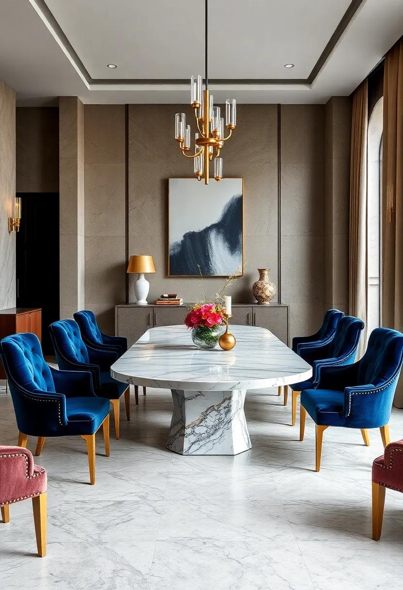 Opulent Velvet Upholstered Chairs Surrounding a Grand Marble Dining Table in a Room with Gold Leaf Accents