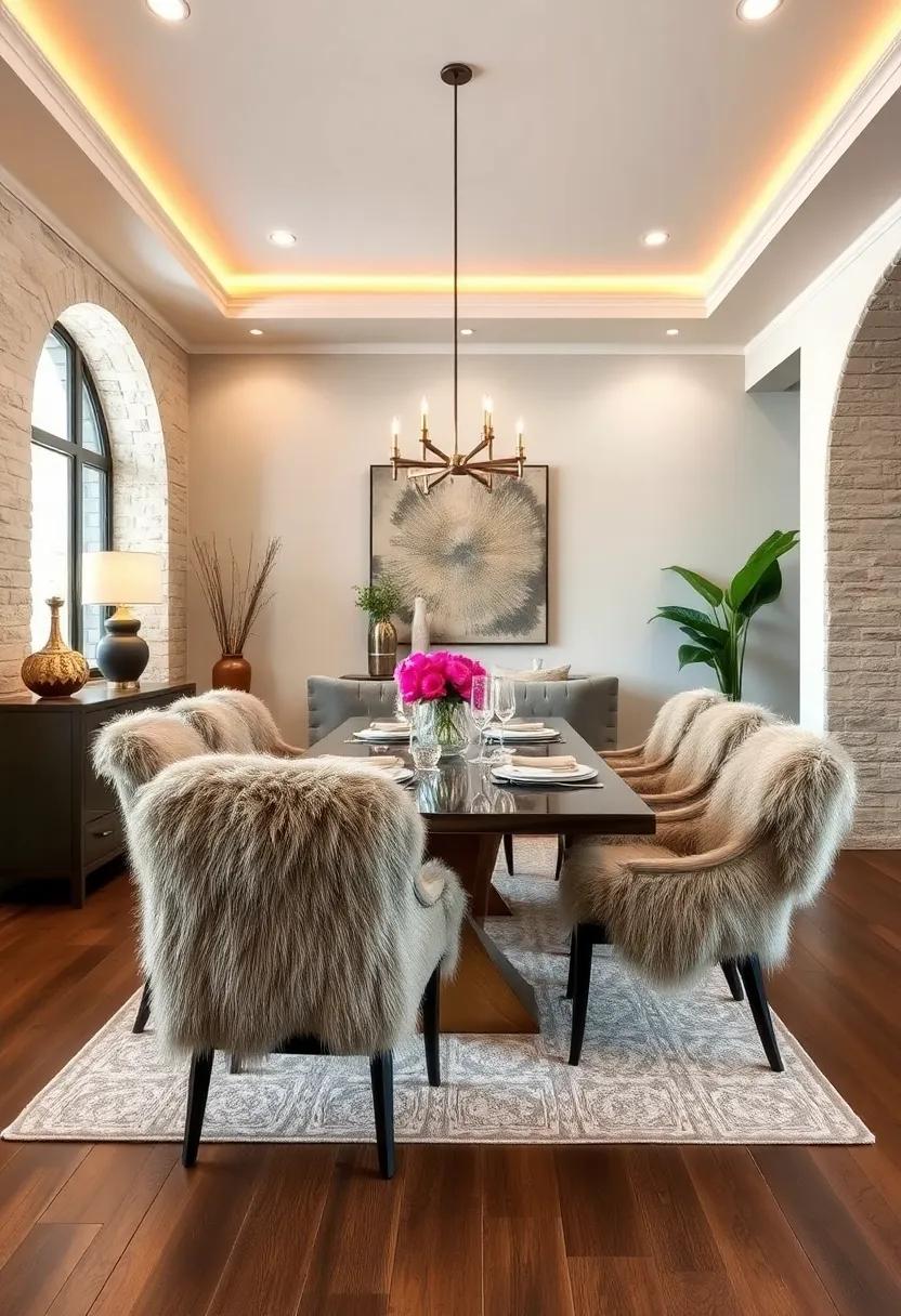 Luxurious Faux Fur Throws Draped Over Chairs to Add Texture and Warmth in a Modern Rustic Dining Room