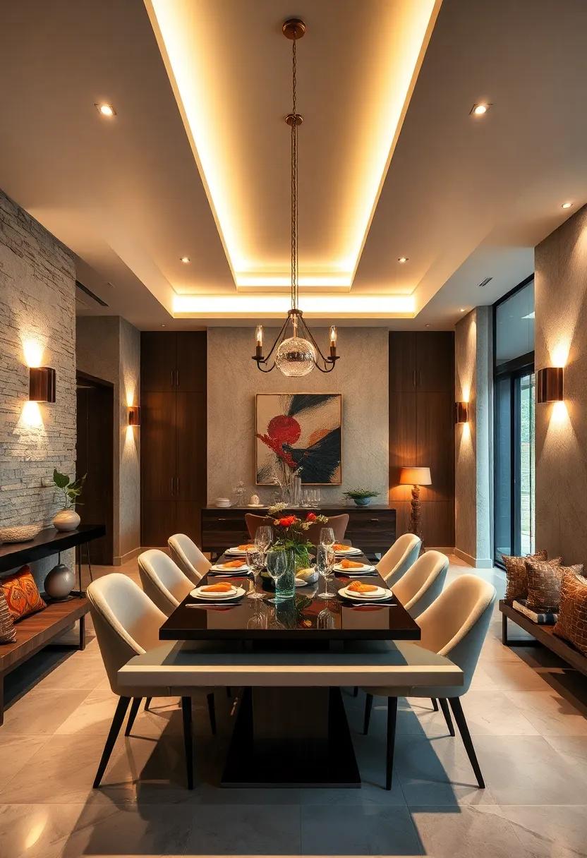 Soft Ambient Light Created by Wall Sconces and Recessed Lighting Enhancing a Harmonious Dining Environment
