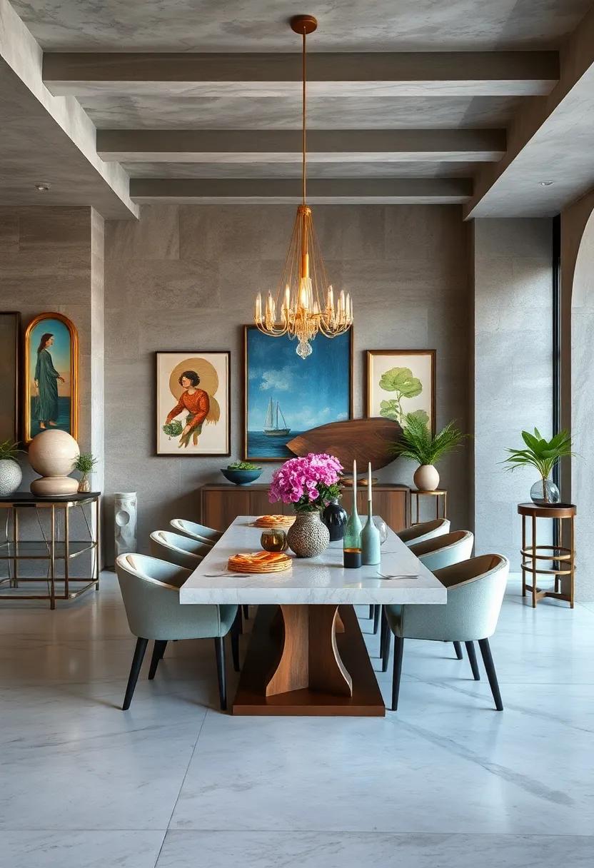 An Eclectic Mix of Vintage and Modern Art Pieces Lending Character and Depth to a Refined Dining Space