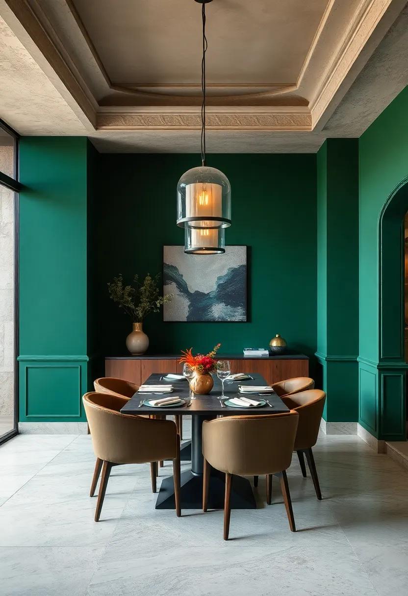 Deep Green Walls Complemented by Warm Leather Dining Chairs and Blackened Steel Light Fixtures in a Masculine Luxe Space