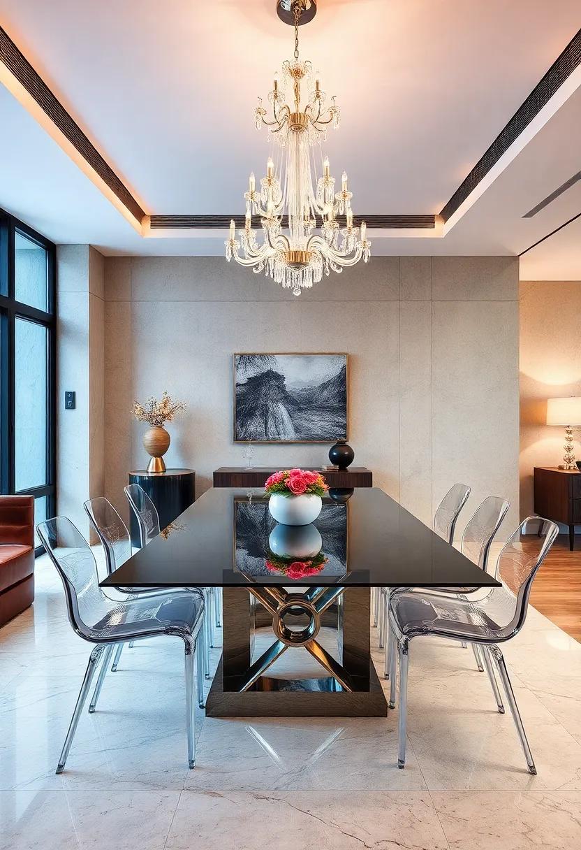 A Sleek Glass-Top Table Reflecting an Artistic Chandelier and Surrounded by Acrylic Stylish Chairs for Modern Glamour