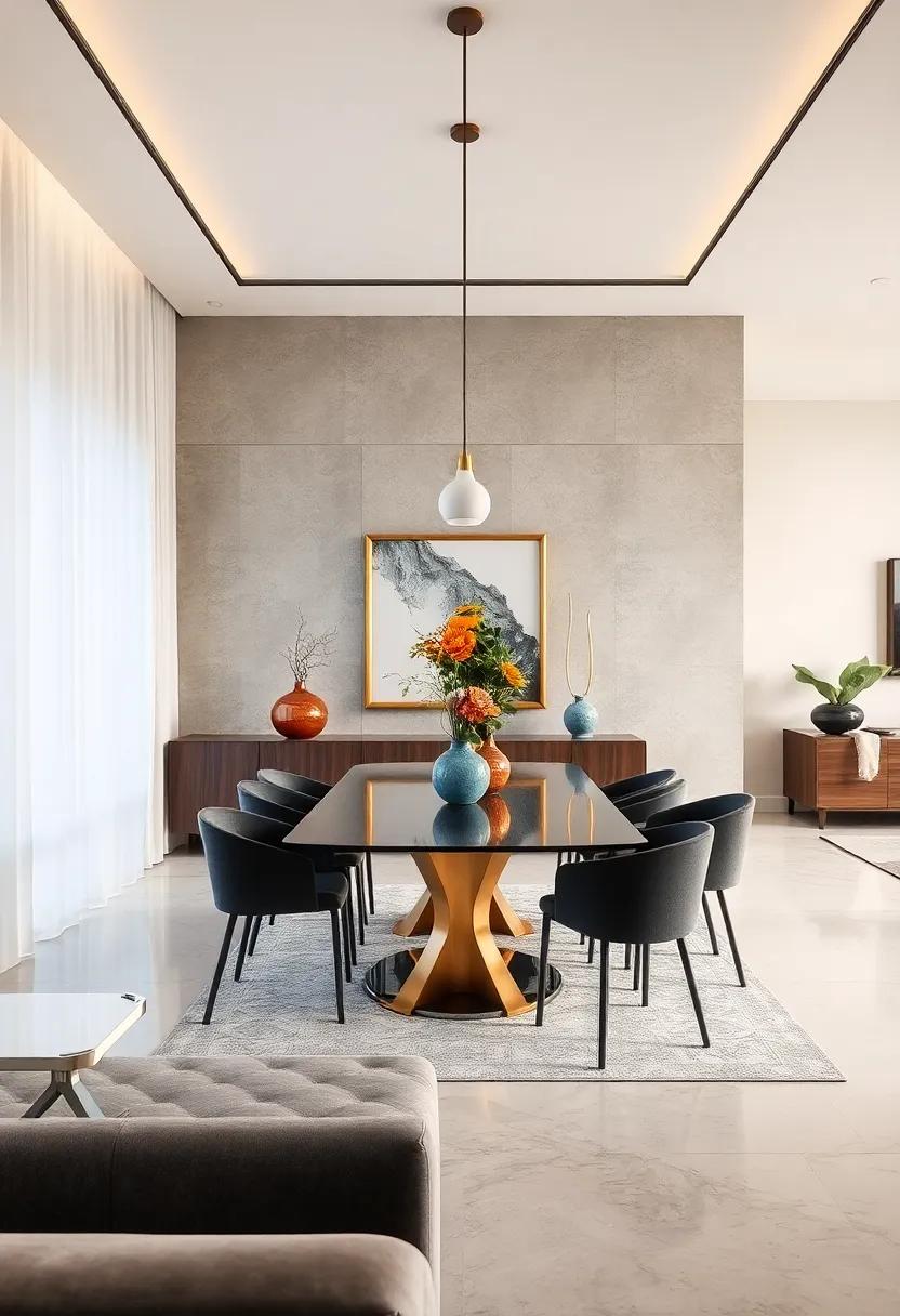 Minimalist Metallic Accents Enhancing a Sleek Contemporary Dining Room with Monochromatic Color Schemes