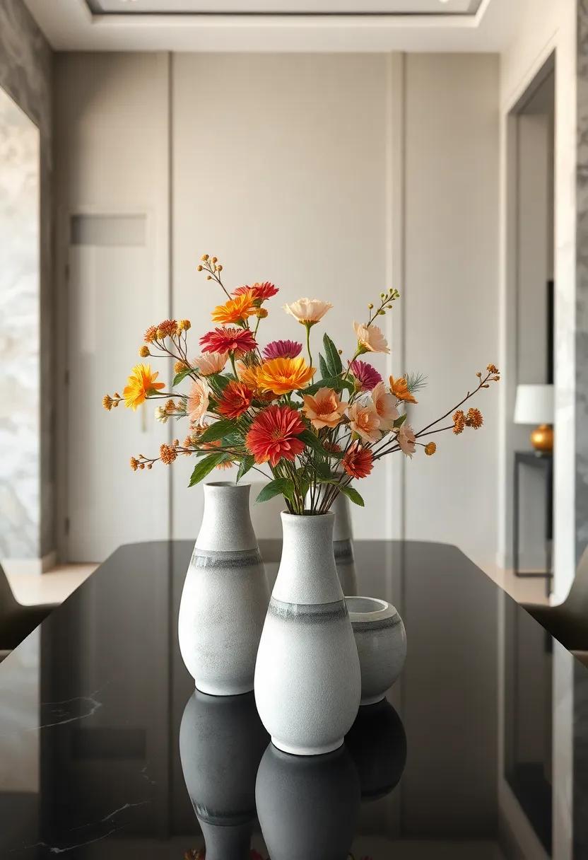 Sculptural Ceramic Vases Filled with Seasonal Blooms Sitting Elegantly on a Glossy Ebony Dining Surface