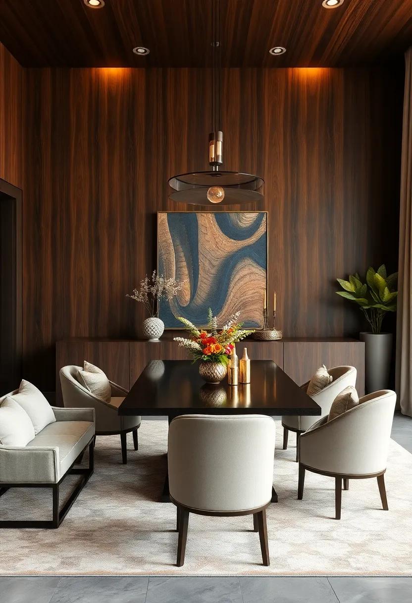Dark Walnut Walls Contrasted with Light Fabrics and Accents, Creating a Cozy Yet Sophisticated Dining Environment