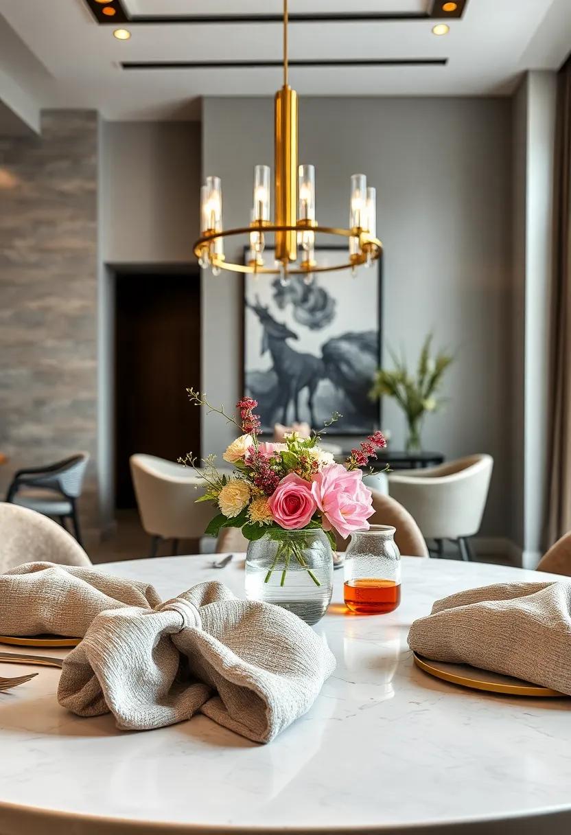 Textured Linen Napkins Folded Neatly Beside Delicate Floral Arrangements on an Elegant Round Dining Table