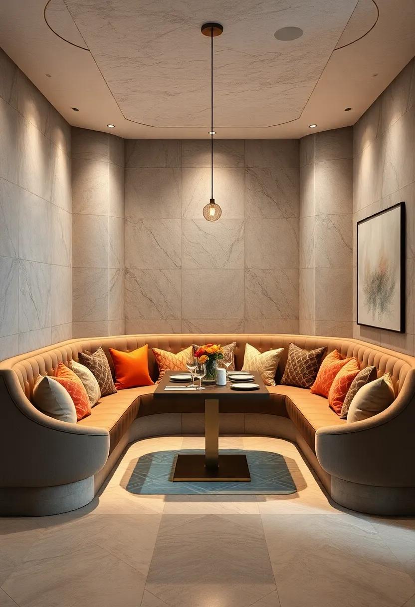 Curved Banquette Seating with Plush Cushions Inviting Guests to Relax in a Chic and Cozy Dining Nook