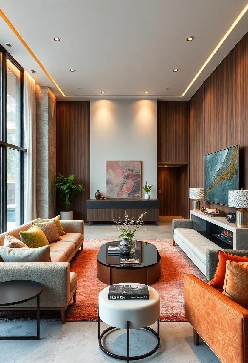 Soft Ambient Lighting Blending With Rich Wood Grains And Metallic Embellishments