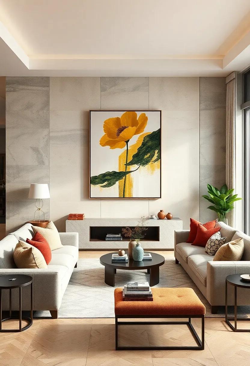 Luxurious Statement Wall Art Paired With Minimalist Upholstered Sectionals