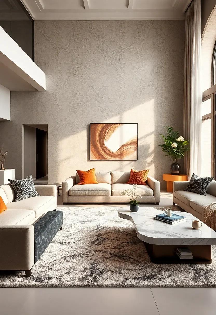 Opulent Marble Coffee Tables Complementing Textured Area Rugs In Spacious Living Rooms