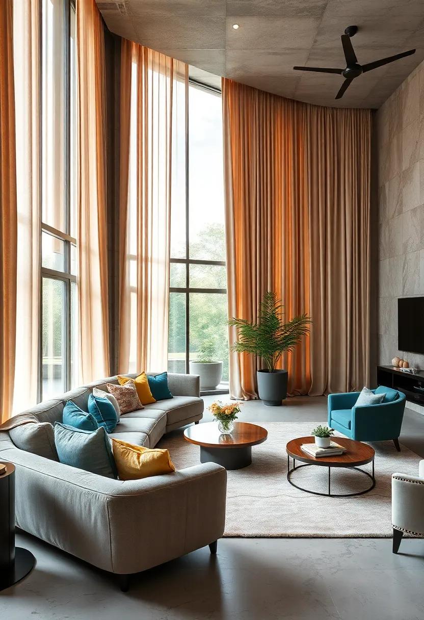 Sumptuous Silk Draperies Framing Floor-to-Ceiling Windows In Chic Lounging Areas