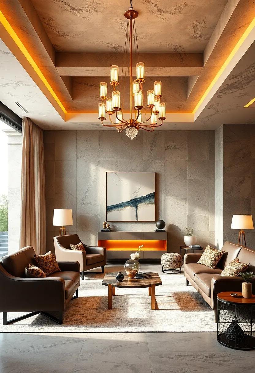 Elegant Chandelier Designs Casting Warm Light Over Sleek Leather Lounge Chairs