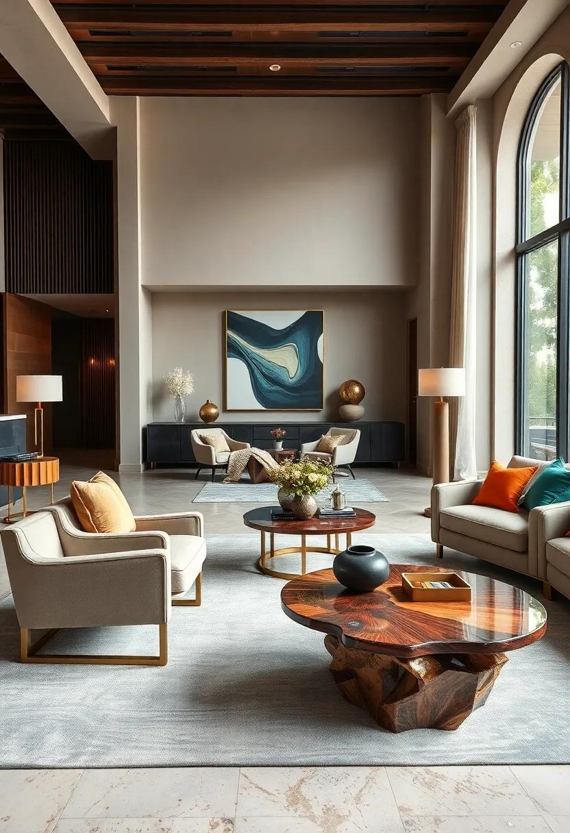 Architectural Statement Chairs Paired With Exotic Wood And Brass Coffee Tables