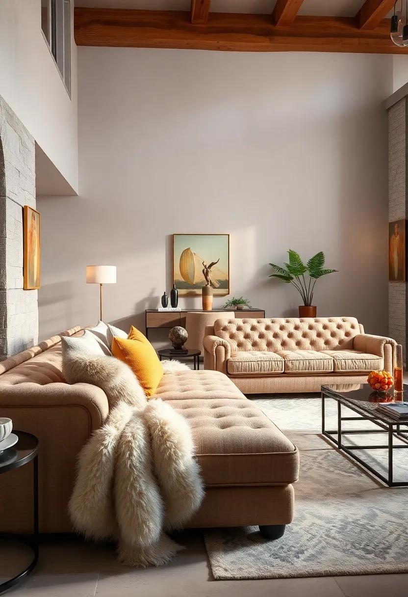 Luxurious Faux Fur Throws Draped Over Deep Button-Tufted Chaise Lounges