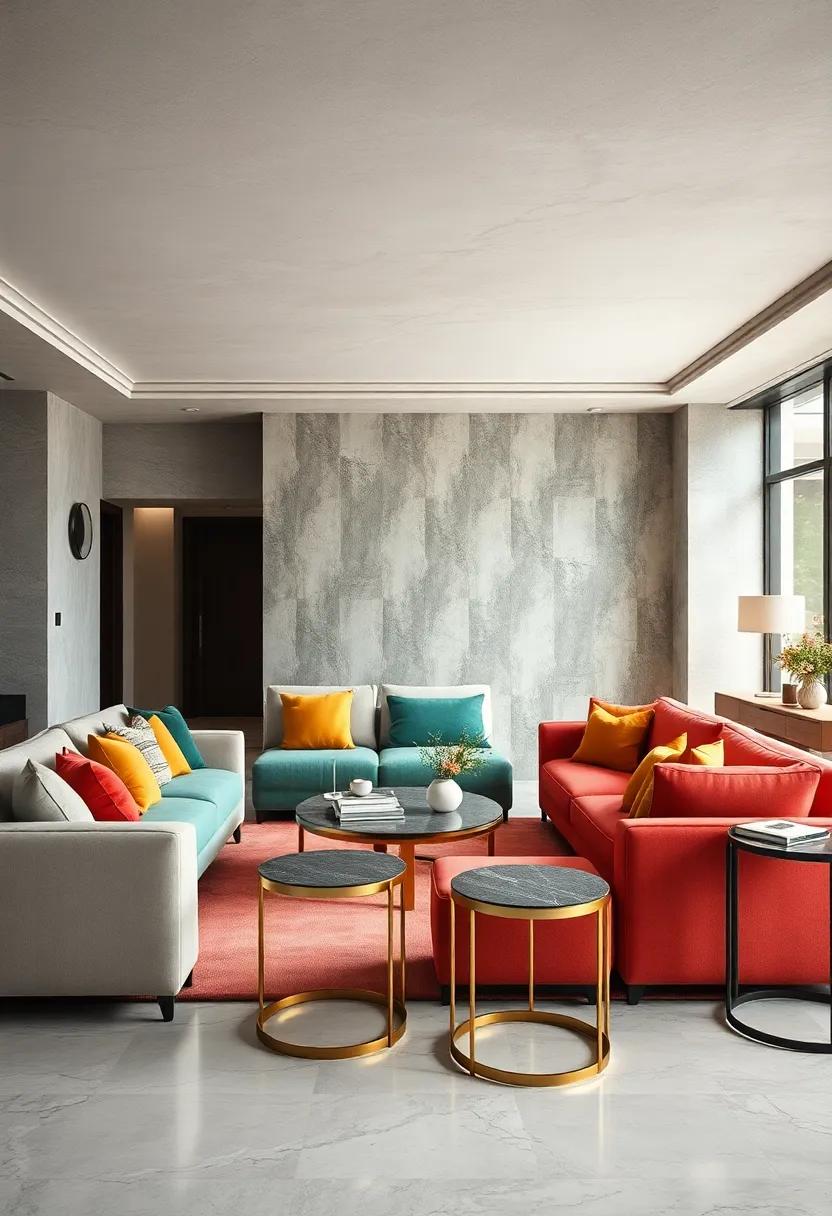 Bold Color Blocking Using Jewel-Toned Sofas And Mixed Metal Side Tables
