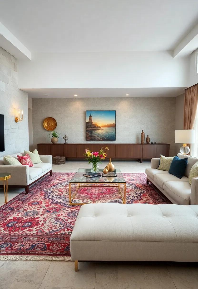 Intricately Patterned Persian Rugs Anchoring Contemporary Low-Profile Seating