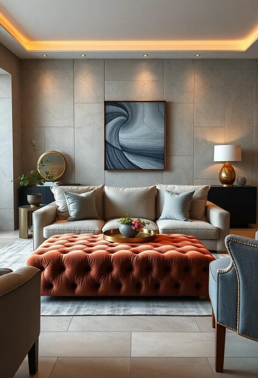 Glamorous Gold Leaf Accents Enhancing Velvet Ottoman And Plush Throw Pillows