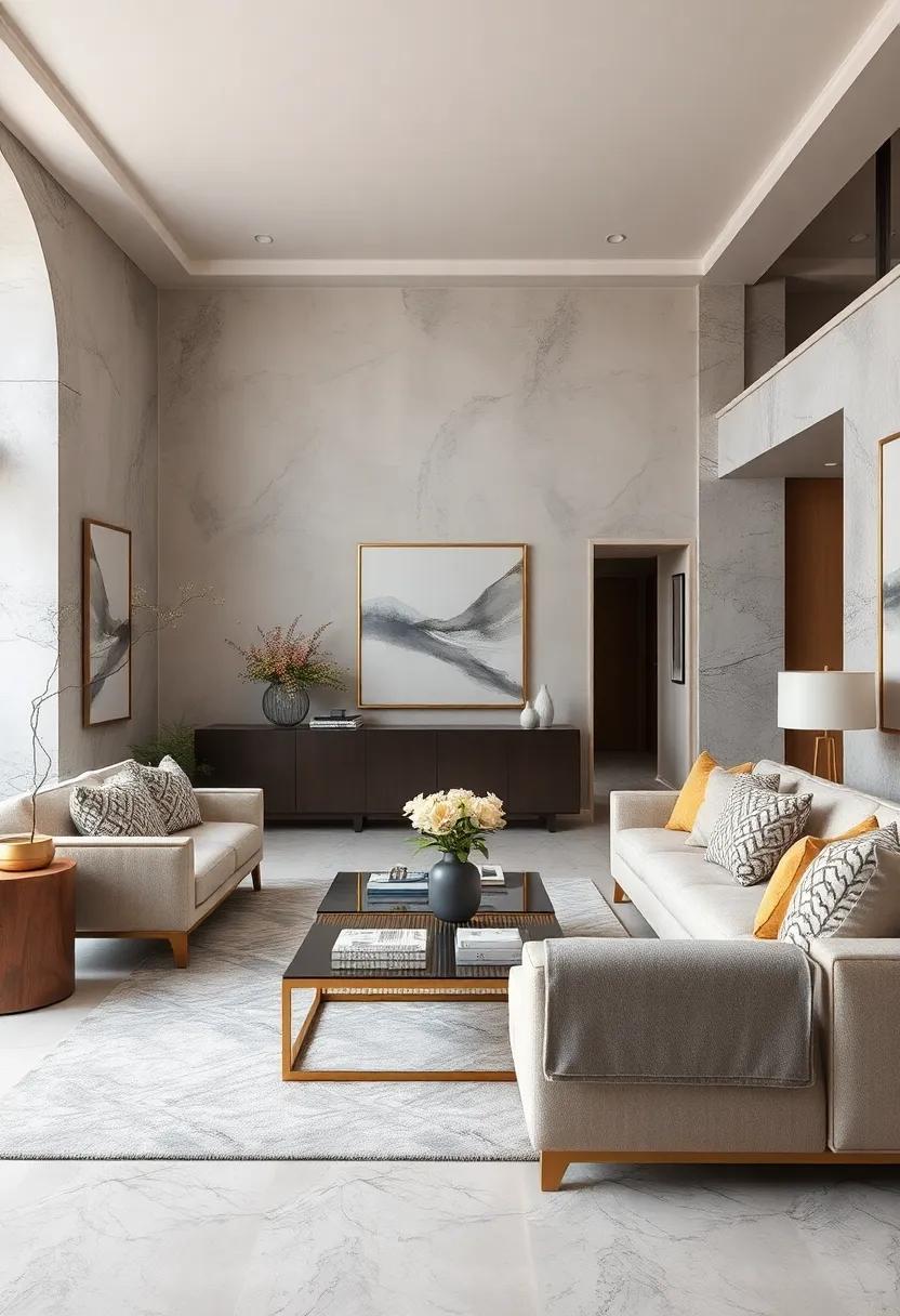 Monochromatic Neutrals Enhanced By Gold Trim And Subtle Pattern Play Across Furnishings