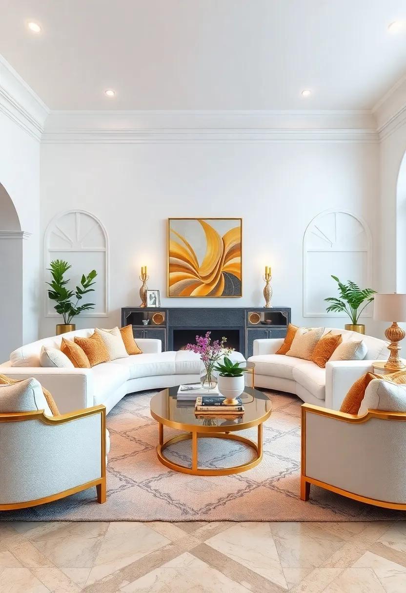 Elevate Your Living Room Ambiance With Plush White Sofas and Gleaming Gold Accents