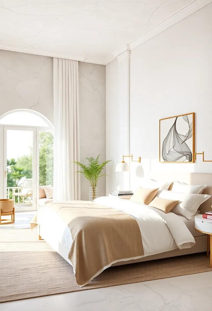 Serene White Bedrooms Adorned With Subtle Gold Fixtures and Luxurious Textures