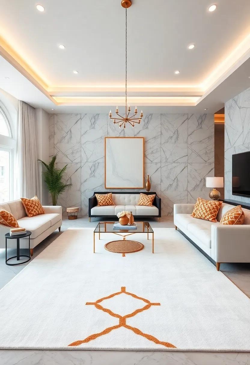 Luxurious White Area Rugs With Geometric Gold Designs Creating Bold Floor Statements