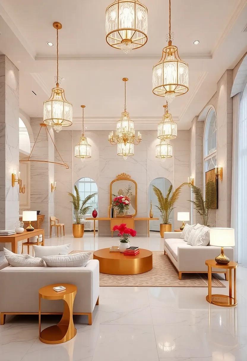 Ethereal White Chandeliers Interspersed With Gold Elements Illuminating Elegant Spaces