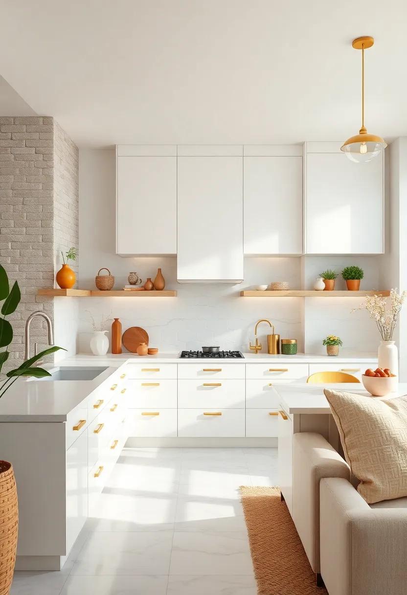 Minimalist White Kitchens Elevated With Warm Gold Hardware And Chic Lighting Fixtures