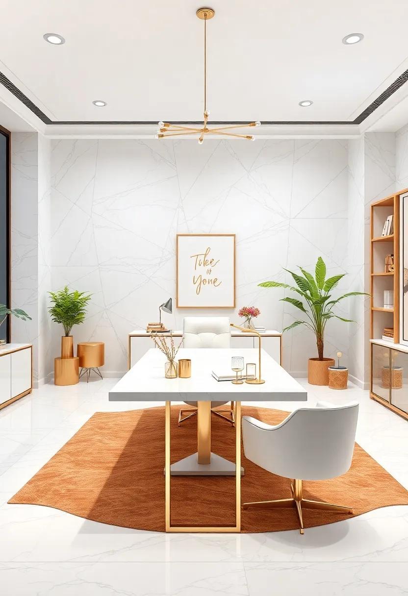 Glamorous White Office Spaces Highlighted With Gold Desk Accessories And Sleek Furniture
