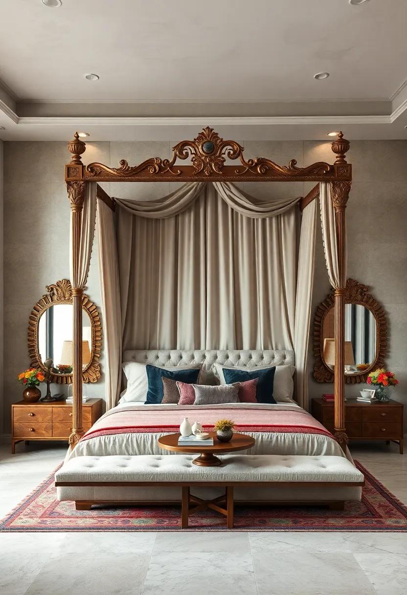 Antique Mirrors and Decorative Screens Framing an Elaborate Canopy Bed to Enhance Space and Style