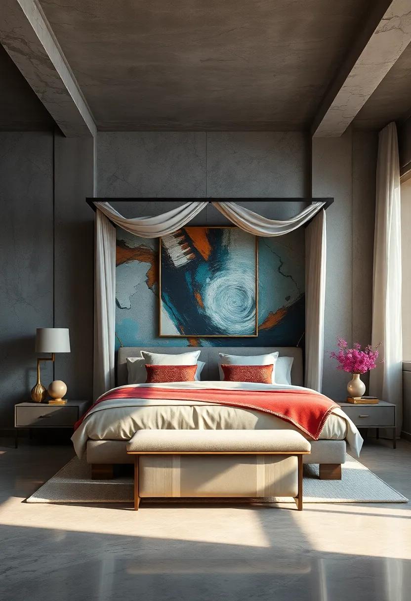 Artistic Murals and Statement Wall Art Creating a Dynamic Backdrop for a Grand Canopy Bed Ensemble